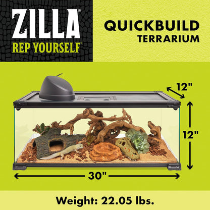 Zilla QuickBuild Reptile 20 Gallon Glass Terrarium Habitat with Bedding Tray For Geckos, Snakes, Lizards, Frogs, Turtles, and Tortoises, 30" x 12" x 12"