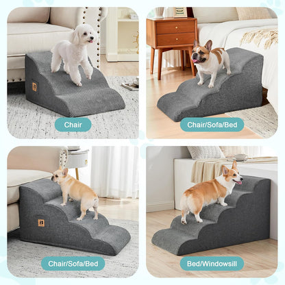 IFNOW Dog Stairs for Small Medium Dogs and Cats 19.7" H, 5-Step Studry Dog Steps for Bed, Couch, High Density Foam Pet Stairs for Dogs to Get on Bed, Non-Slip Balanced Curved Indoor Pet Ramp, Grey