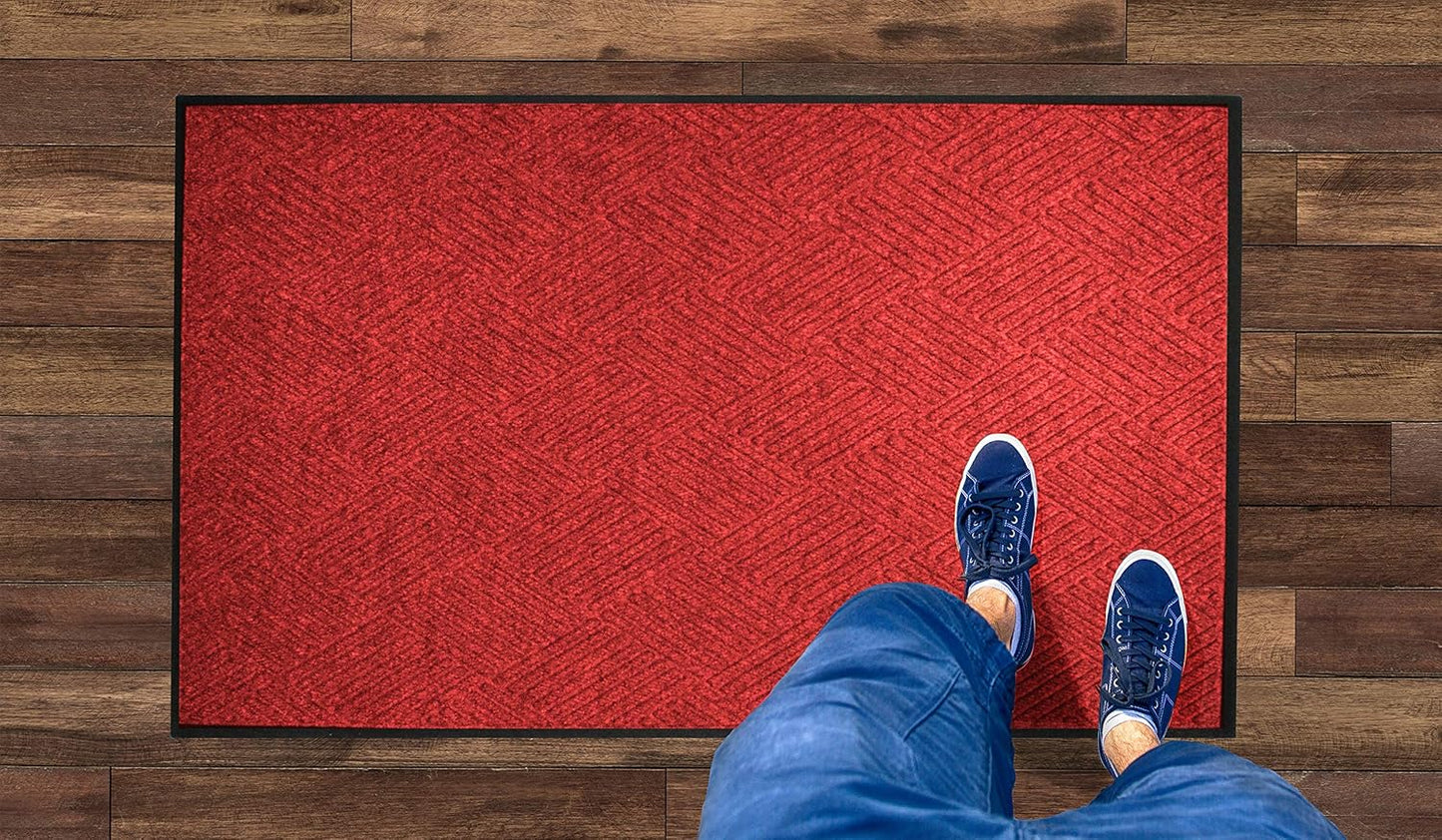 WaterHog Diamond | Commercial-Grade Entrance Mat with Rubber Border – Indoor/Outdoor, Quick Drying, Stain Resistant Door Mat (Solid Red, 3' x 12')