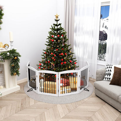 Freestanding Pet Gate for Dogs, Foldable Wooden Dog Gate for House, Extra Wide Indoor Pet Barrier for Stair, Doorway, Hall, Support Feet Included, 120 Inch Wide, 6 Panels 24", White