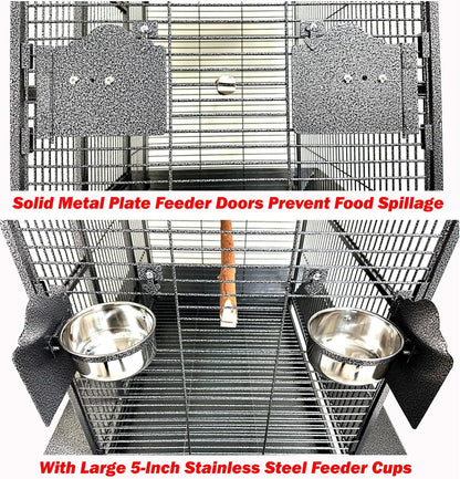 X-Large Elegant and Durable Wrought Iron Play Ground Perch Stand Top Climbing Ladder Bird Parrot Rolling Metal Cage with Around Seed Guard Storage Shelf On Heavy Duty Lockable Rolling Wheels