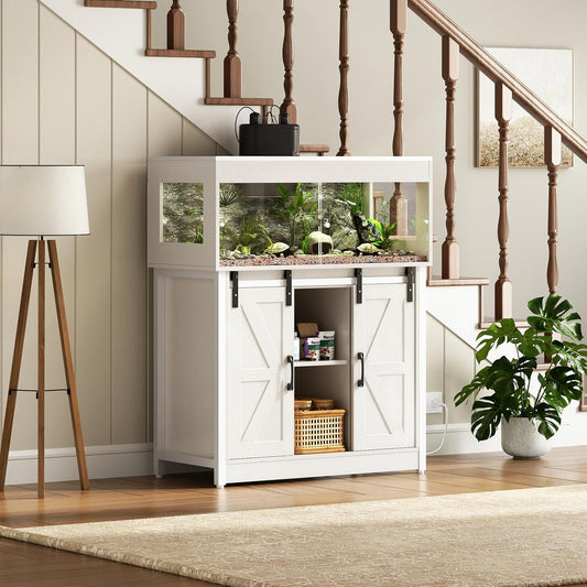 40 Gallon Reptile Terrarium with Stand, Reptile Tank with Barn Door and Storage, Vivarium with Acrylic Doors, Ventilated Mesh Top & Power Outlet, for Geckos, Lizards, Snakes White PX06RTW