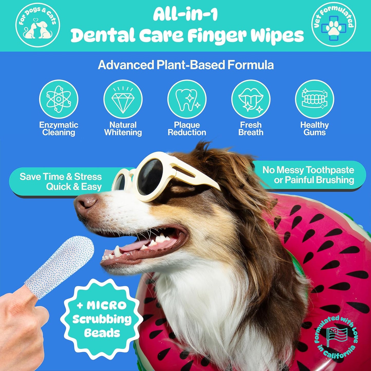 All-in-1 Dog Teeth Cleaning Wipes | Enzymatic Whitening + Micro Scrubbing Beads | No Mess, Pet Dental Wipes & Finger Tooth Brushing Kit | Plant-Based Dental Care for Cats & Dogs (60 Count)