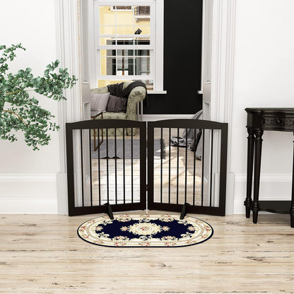 Freestanding Pet Gate for Dogs, Foldable Wooden Dog Gate for House, Indoor Pet Barrier for Stairs, Doorways, Support Feet Included, 24" Height 2 Panels, Brown