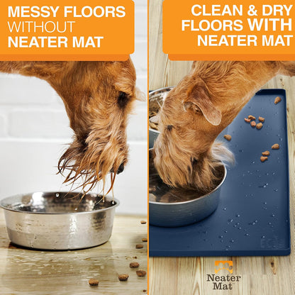 Neater Pet Brands Neater Mat Pet Mats for Food and Water, Cat & Dog Bowl Mat Waterproof Silicone, Feeding Tray, Dog Food Mats for Floors, Placemat w/Raised Edge for Under Bowls, 19” x 12”, Dark Blue