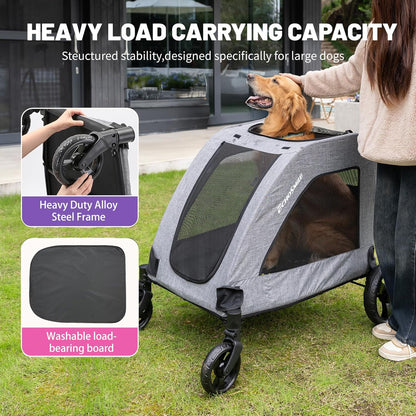 EchoSmile XL Extra Large Dog Stroller - Adjustable Handles,Lightweight Folding Pet Stroller,All-Terrain 4 Wheel for 2 Medium Dogs,Dual Entry Safety Dog Stroller,Capacity 160 lbs,Gray