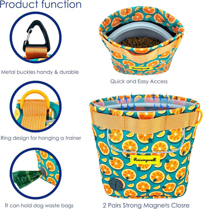 Dog Treat Pouch for Pet Walking and Training with Clicker 2 Cup Silicone Bag Small Fanny Pack Holder for Puppy Snack Dispenser Kit for Leash and Outdoor Use (Fruit Orange)