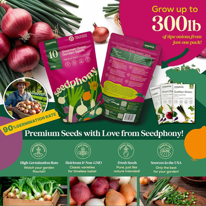 10 Gourmet Onion Seeds for Planting Variety Pack - 2,900+ Non-GMO Heirloom Vegetable Seeds for Growing Indoor & Outdoor: Red Burgundy, Leek, Walla Walla, Grano White & Yellow Sweet Spanish