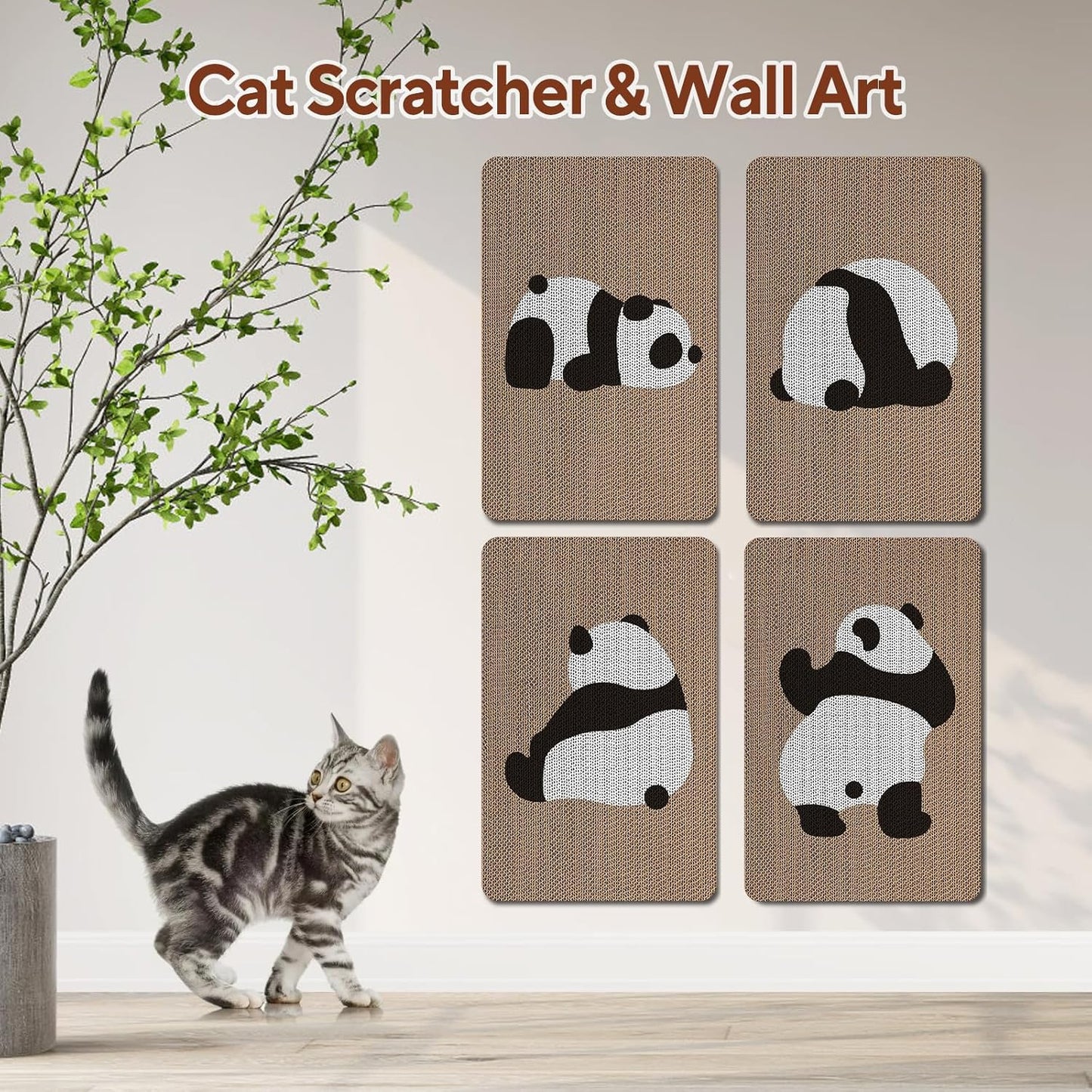 AUSCAT Cardboard Cat Wall Scratcher, 7 cat Scratching Boards with Box, Wall Mounted Cat Scratching Pads for Indoor Cats, Furniture Protector, 14.5" x 9.3", Panda Pattern
