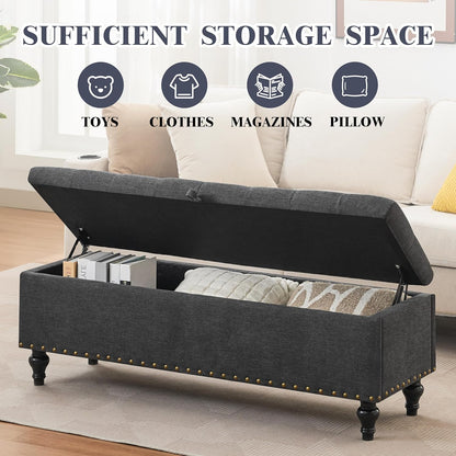 Mangodan51” Linen End of Bed Storage Bench, Tufetd Upholstered Storage Ottoman Bench with Safety Hinge, 330 lb Large Ottoman with Storages for Living Room, Entryway & Bedroom, Window Benches, Grey