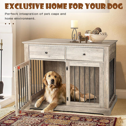 LEMBERI 44 Inch Large Dog Crate Furniture, Wooden Dog Kennel End Table with Storage Drawers, Decorative Pet Cage Dog House Indoor for Dogs