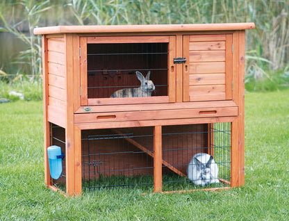 TRIXIE natura Outdoor Rabbit Hutch with Run - 2-Story Rabbit Cage with Non-Slip Ramp - Large Elevated Small Animal House with Secure Playpen, Hinged Roof & Pull-Out Tray - in Brown