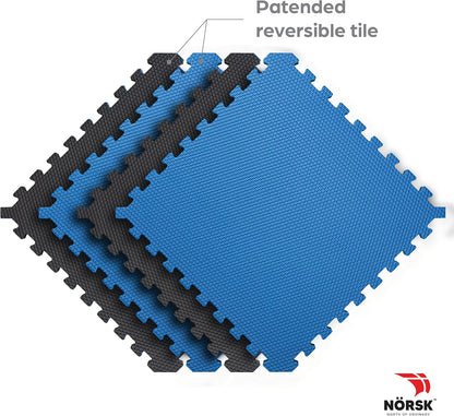 Norsk Reversible Exercise Mats 3/4" Thick EVA Interlocking Foam Tiles, Perfect Home Gym Flooring, 4 Tiles & 8 Trim Pieces, 16 Sq. Ft. 24"x24" Dazzling Blue/Black
