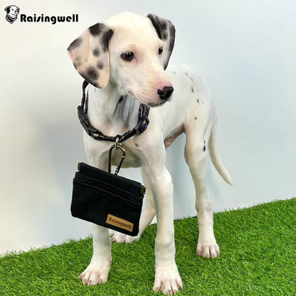 Dog Treat Pouch, Black Pocket Sized Pet Training Pouch, Cotton Fabric, Hand Free Dog Walking Bag with Carabiner, Self-Closing Pet Feed Snack Reward, for Pet Puppy Travel or Outdoor Use