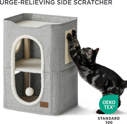 Bedsure 2 Story Cat House - Cat Condos for Indoor Cats with Scratch Pad and Fluffy Ball Hanging, Small Pet Cave Furniture Hideaway for Multi Pets, 18x14x23 inches, Grey