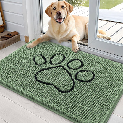 OLANLY Door Mat for Muddy Dog Paws 36x24, Absorbent Chenille Doormat with Paw Print Design, Non-Slip Washable Doormat for Indoor Entryway, Quick-Dry Pet Bed Mats for Dirty Dogs, Olive Green and Black