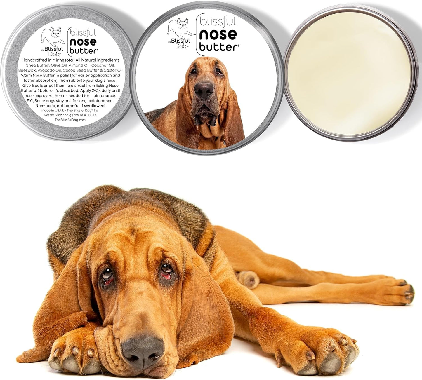 The Blissful Dog Bloodhound Nose Butter for Dry, Cracked Skin, Lick-Safe Dog Nose Balm with Moisturizing Shea Butter, Almond, Olive, and Essential Oils, Pet Supplies, Uncented, 2 oz.