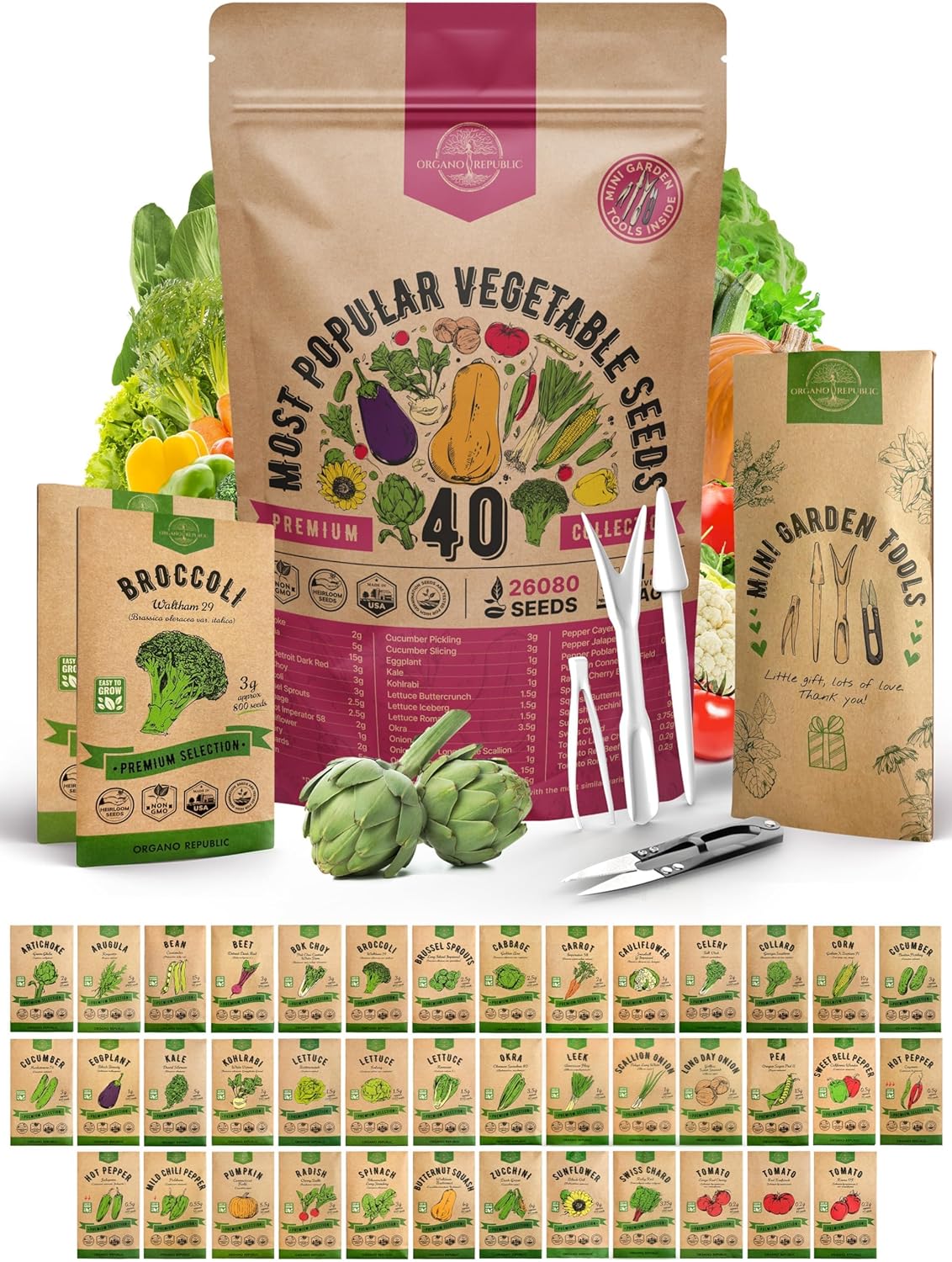 Organo Republic 40 Vegetable Seeds Variety Pack - 26000 Non GMO Heirloom Seeds for Planting Vegetables & Fruits in Bulk Individual Seed Packets, Home Garden Seeds for Hydroponic, Indoor & Outdoors