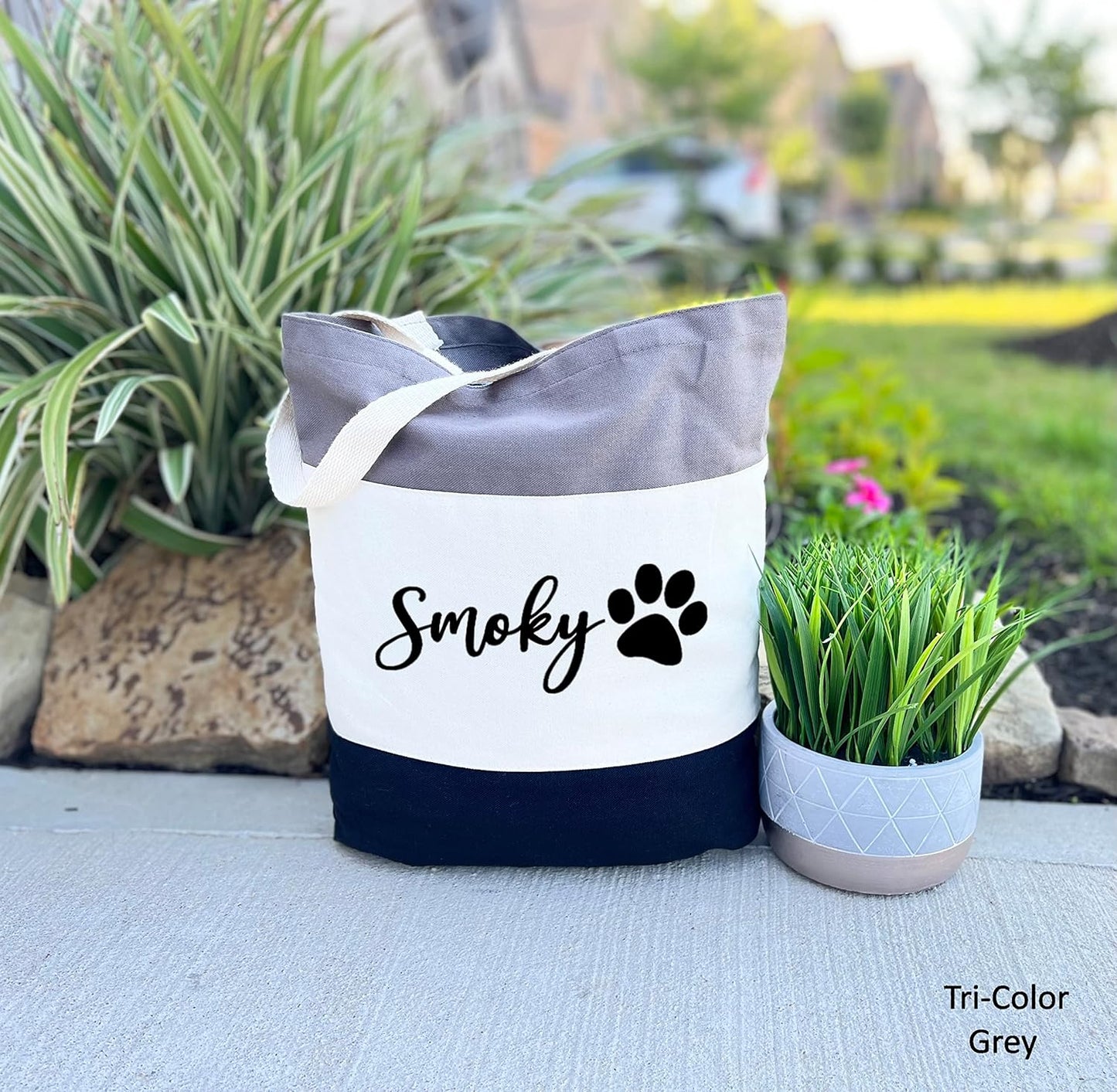 Custom Dog Tote Bag Personalized Dog Mom Gift Dog Toys Totes Pet Gift Custom Pet Bag Gift For Dog Mom Dog Lover Bag (15"L x 15"H x 3"D, Tri-Color Grey)