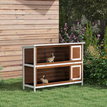 PawHut 54" 2-Story Large Rabbit Hutch Bunny Cage Wooden Pet House Small Animal Habitat with Lockable Doors, No Leak Tray and Waterproof Roof for Rabbits, Chickens, Ducks, Outdoor/Indoor Brown