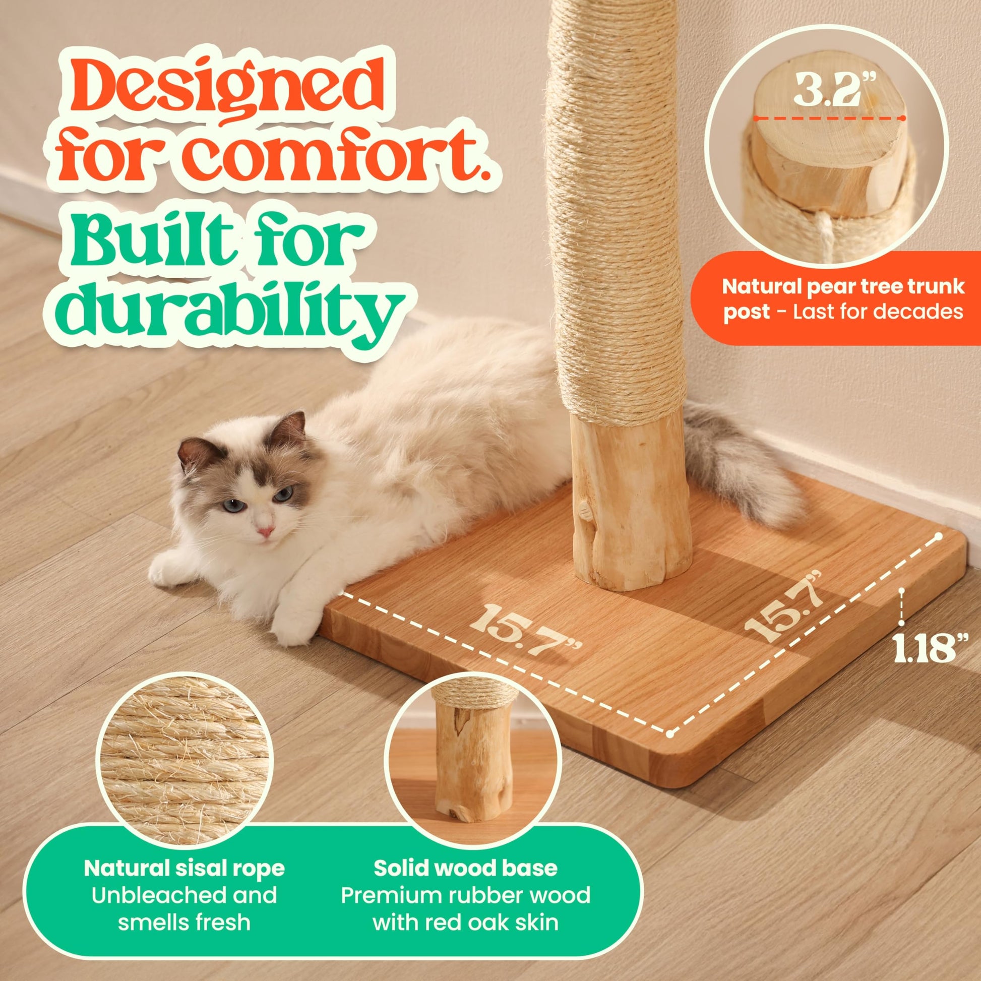 KONELCARE 35" Solid Wood Cat Scratching Post. Chosen for real quality, fits naturally into modern