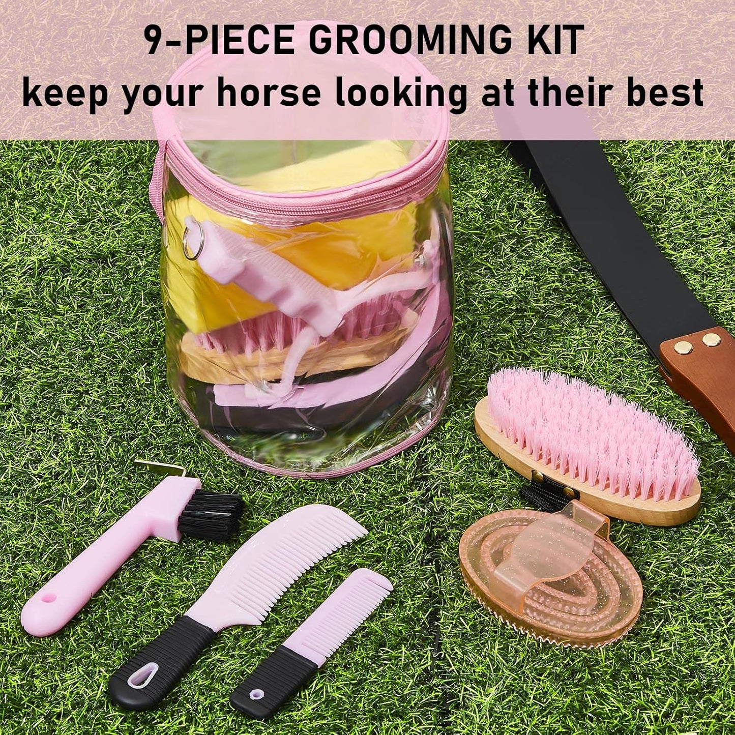 9 Pieces Horse Grooming Kit Tack Room Supplies Set with Organizer Tote Bag, Oval Massage Curry, Hard and Soft Brush, Hoof Pick, Sweat Scraper, Bathing Sponge, Combs for Horse Riders Beginners (Pink)