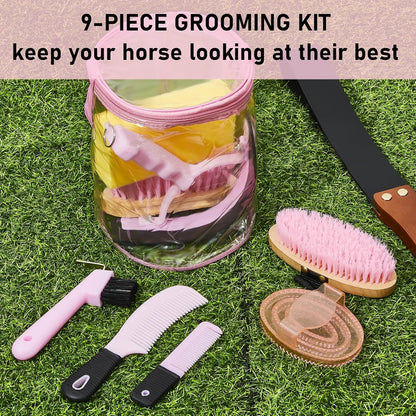 9 Pieces Horse Grooming Kit Tack Room Supplies Set with Organizer Tote Bag, Oval Massage Curry, Hard and Soft Brush, Hoof Pick, Sweat Scraper, Bathing Sponge, Combs for Horse Riders Beginners (Pink)