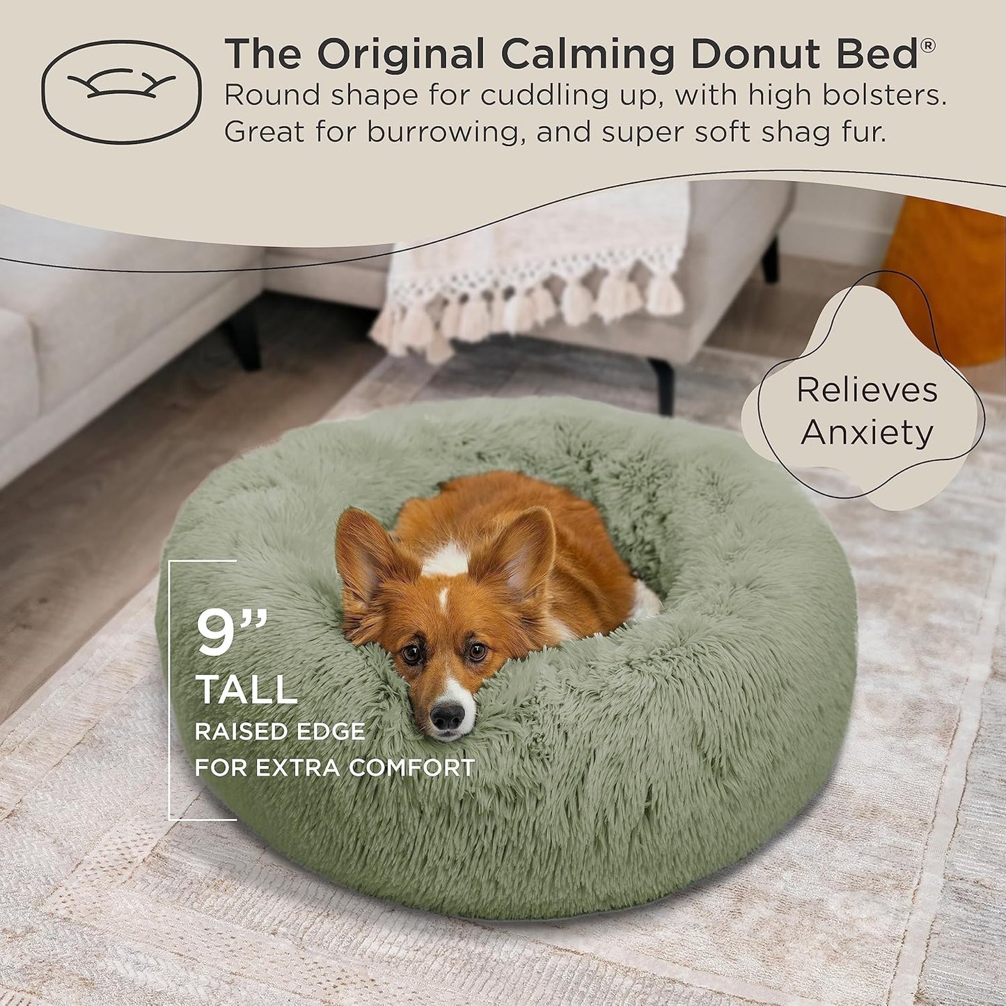 Best Friends by Sheri Original Calming Donut Dog and Cat Bed, Shag Faux Fur, Sage Green, (30in x 30in) - Anxiety Relief for Pets Up to 45 lbs