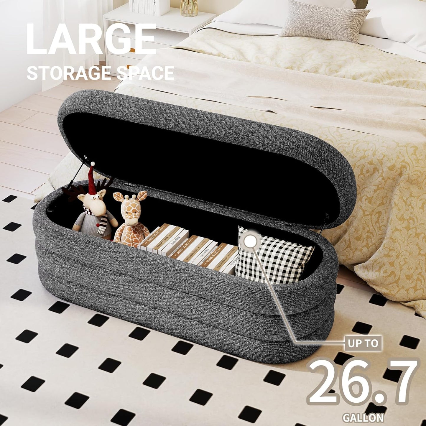 Storage Ottoman Bench 49.2 Inch Upholstered Fabric Storage Bench for Bedroom End of Bed Aesthetic Large Oval Ottoman for Living Room(Grey)