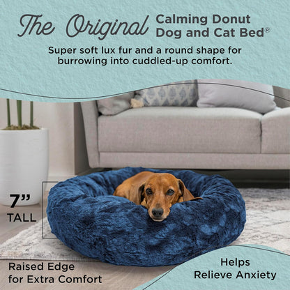 Best Friends by Sheri Original Calming Donut Dog and Cat Bed, Lux Faux Fur, Navy Blue, (23in x 23in) - Anxiety Relief for Pets Up to 25 lbs