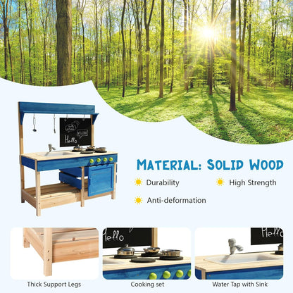 Mud Kitchen Playset for, Outdoor Wooden Toy Play Kitchen Set for Boys and Girls, Kitchen Accessories and Garden Sink with Faucet, Blackboard, Cookware Pot (Blue)