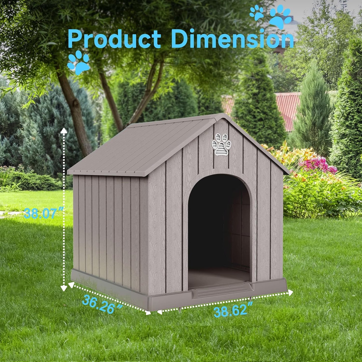 DRATO Indoor Outdoor Waterproof Dog House,PP Material,Puppy Shelter with Air Vents and Elevated Floor,Sturdy Dog Kennel for Small to Large Sized Dogs, Easy to Assemble (Gray, 38.62×36.26×38.07 Inches)