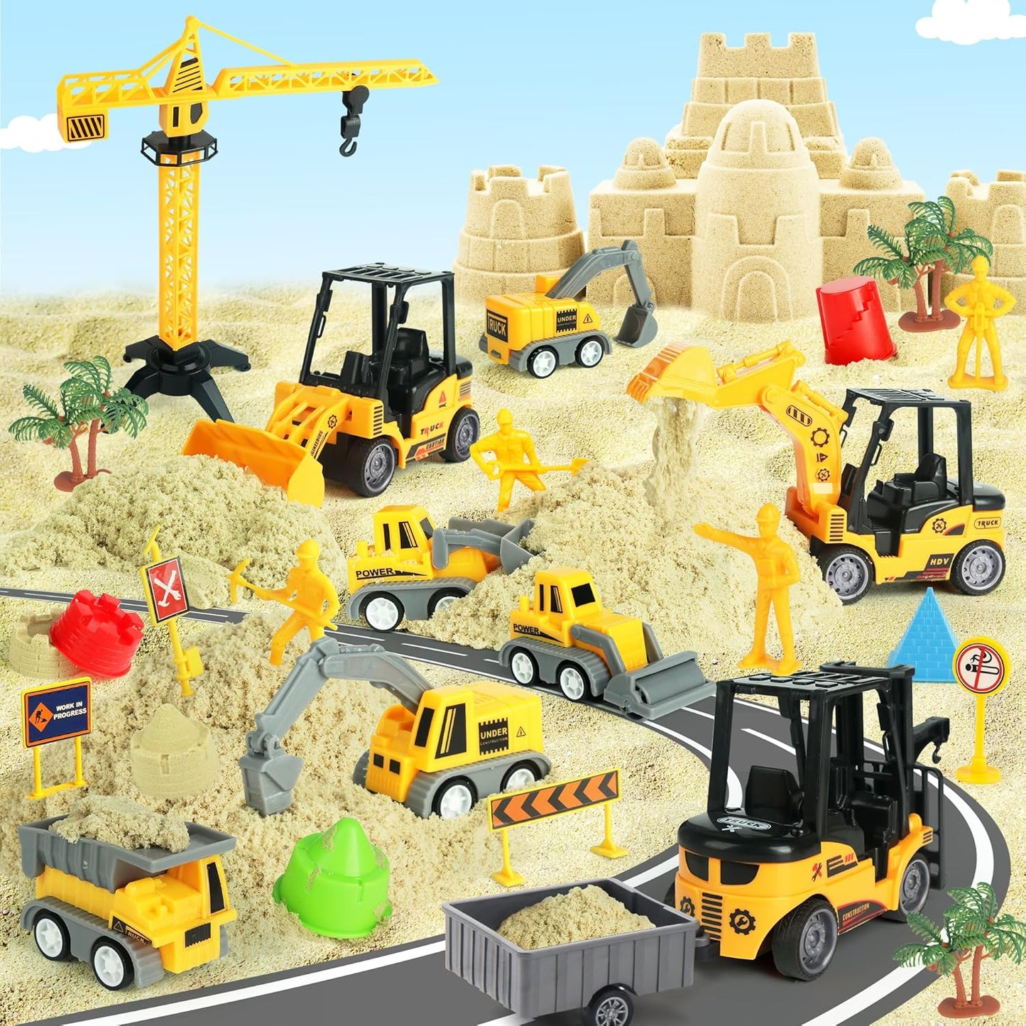 Sand Construction Site Kit - 37 Pcs Play Sand Art Kit with 8 Construction Trucks, Folding Sandbox, 2.2 lbs Magic Sand, Crane, Worker, Road Signs, Molds, Shovel - Ideal Toys for Boys Girls Age 3+