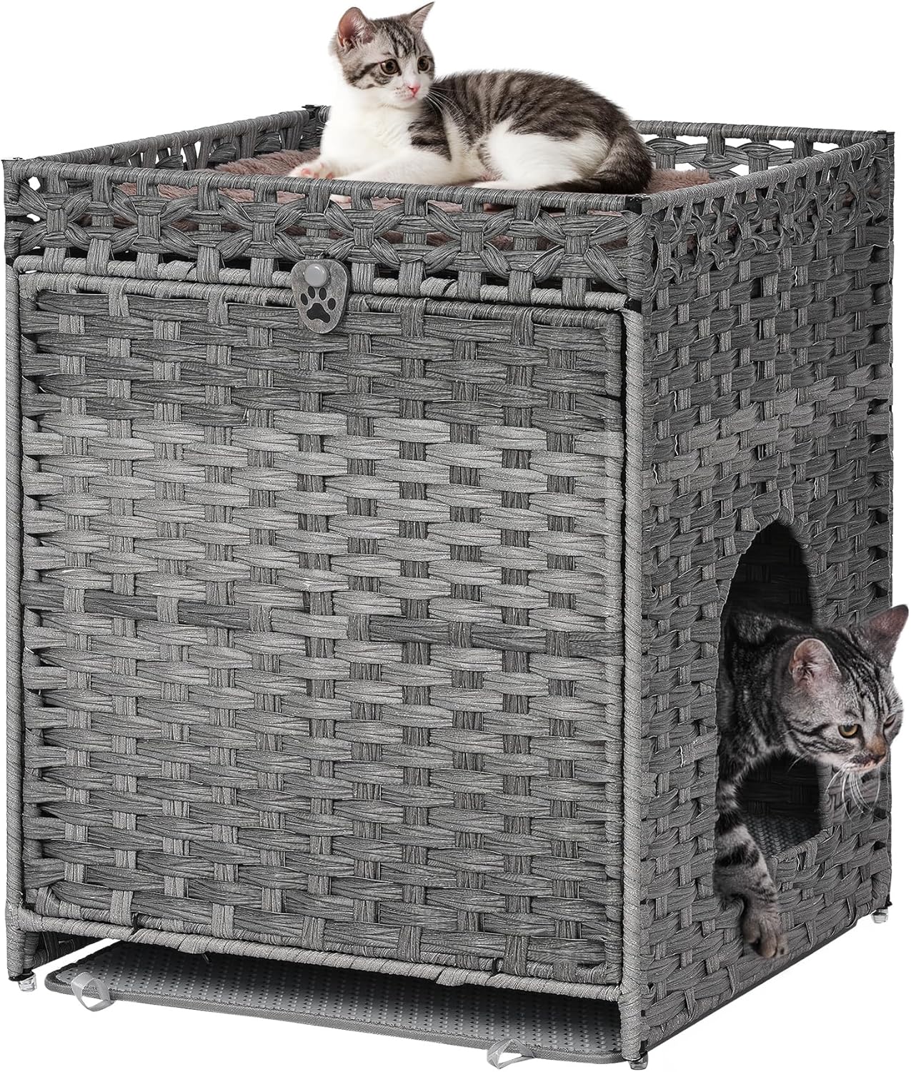 Cat Litter Box Enclosure with Soft Litter Mat; Hidden Kitten Washroom Furniture with Door; Handwoven Rattan Cat House; Pet Crate for Living Room, Bedroom, Balcony (Grey)