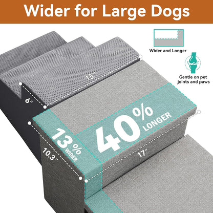 Wider Dog Stairs with Storage 18" H, 3-Step Sturdy Dog Steps for Large/Medium/Small Older Dogs Cats, Folding Pet Stairs Climbing Bed or Couch, Ramp for Car Up to 200 lbs (Gray, No Condo)