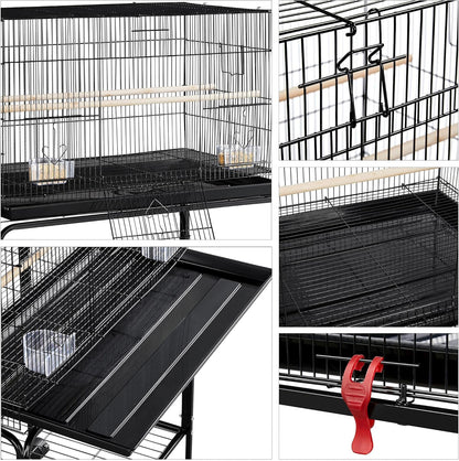Yaheetech 47-inch Rolling Breeding Flight Bird Cages for Parakeets Budgies Finches Cockatiels Conures Lovebirds Canaries Parrots w/Detachable Stand, Black