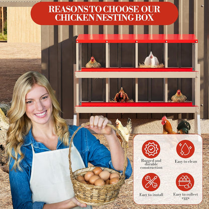 8 Hole Chicken Nesting Box with Roll Out Egg Tray, Rustproof & Ventilated Chicken Laying Boxes for Hens, Chickens, Ducks | Easy-Clean Poultry Coop Accessories, Red with Stand