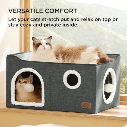 Bedsure Large Cat Beds for Indoor Cats - Extra Wide Cat Cube House for Small Pet with Fluffy Ball Hanging and Scratch Pad, Foldable Pet Cave Hideaway for Multiple Cats, 23.6x16.9x13 inches, Dark Grey