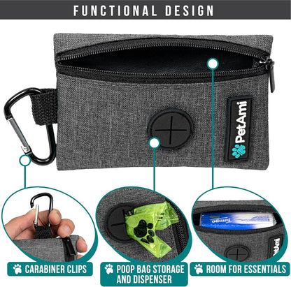 PetAmi Dog Poop Bag Holder for Leash, Dog Waste Bag Dispenser with Clip, Treat Pouch, Walking & Camping Accessory with Trash Bag Roll, Gray 1 Pack