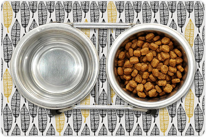 Lunarable Aztec Pet Mat for Food and Water, Modern Graphic of Ornate Hand Drawn Style Old Feather Form with Aztec Lines Print, Non-Slip Rubber Mat for Dogs and Cats, 18" X 12", Charcoal Yellow