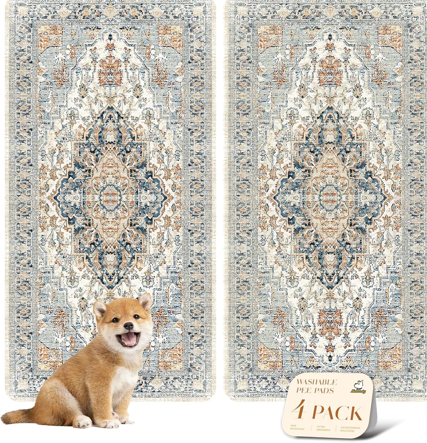 nunubaby 4PACKWashable Pee Pads for Dogs, Stylish, Non-Slip and Leak-Proof Pee Pads. Reusable Potty Pads for Dogs for Crates and Floors.(Beige/Multi, 24" x48")