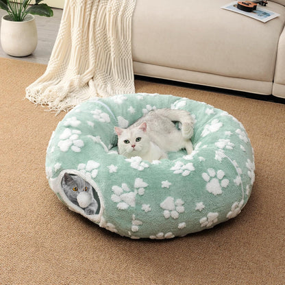 Cat Tunnel for Indoor Cats, Cute Peekaboo Cave with Dangling Balls, Pet Donut Tunnel Bed with Circle Mat for Puppy Kitten Rabbit, Green