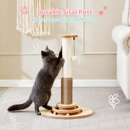 Made4Pets Cat Scratching Post, 23" Tall Sisal Cat Scratcher Post with Self Groomer, 4-in-1 Interactive Trackball Toys with Hair Brush, Vertical Cat Climbing Tree with Dangling Plush Balls