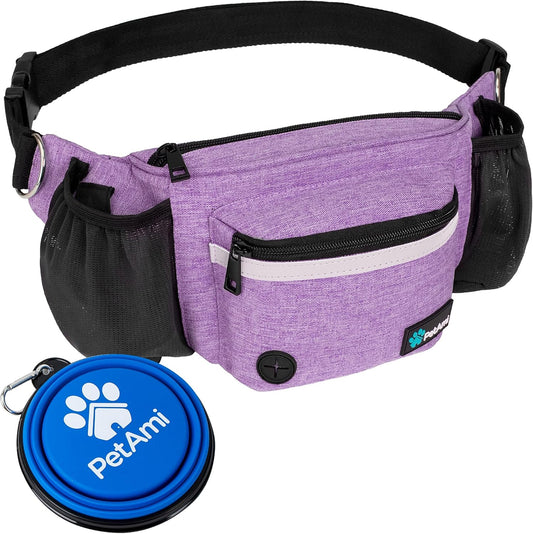 PetAmi Dog Fanny Pack, Treat Pouch for Dog Walking, Training, Built in Poop Bag Dispenser, Water Bottle Holder, Collapsible Bowl, Pet Treat Waist Belt for Hiking, Running, Kibbles (Purple)