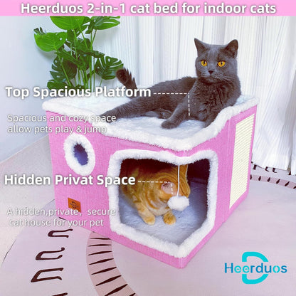 Cat Bed for Indoor Cats,Covered Cat Cave House & Furniture with Scratch Pad,Foldable Cat Hideaway Hut Cute Cat Condo with Soft Washable Mat for Multi Small Pet Under 30 lbs, Pink