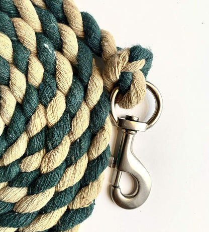 Majestic Ally Pack of 2 Solid Cotton Lead Rope for Horses & Livestock – 10 Foot Long and 5/8 inch Thick - Replaceable Heavy-Duty Satin Bolt Snap – Handmade – Soft, Broken in Feel (Hunter Green -Tan)