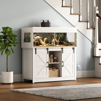 60 Gallon Reptile Terrarium with Stand, Terrarium Enclosure with Acrylic Doors, Storage Cabinet with Barn Door, Mesh Lid & Power Outlet – Vivarium Habitat for Medium Reptiles White PX05RTW