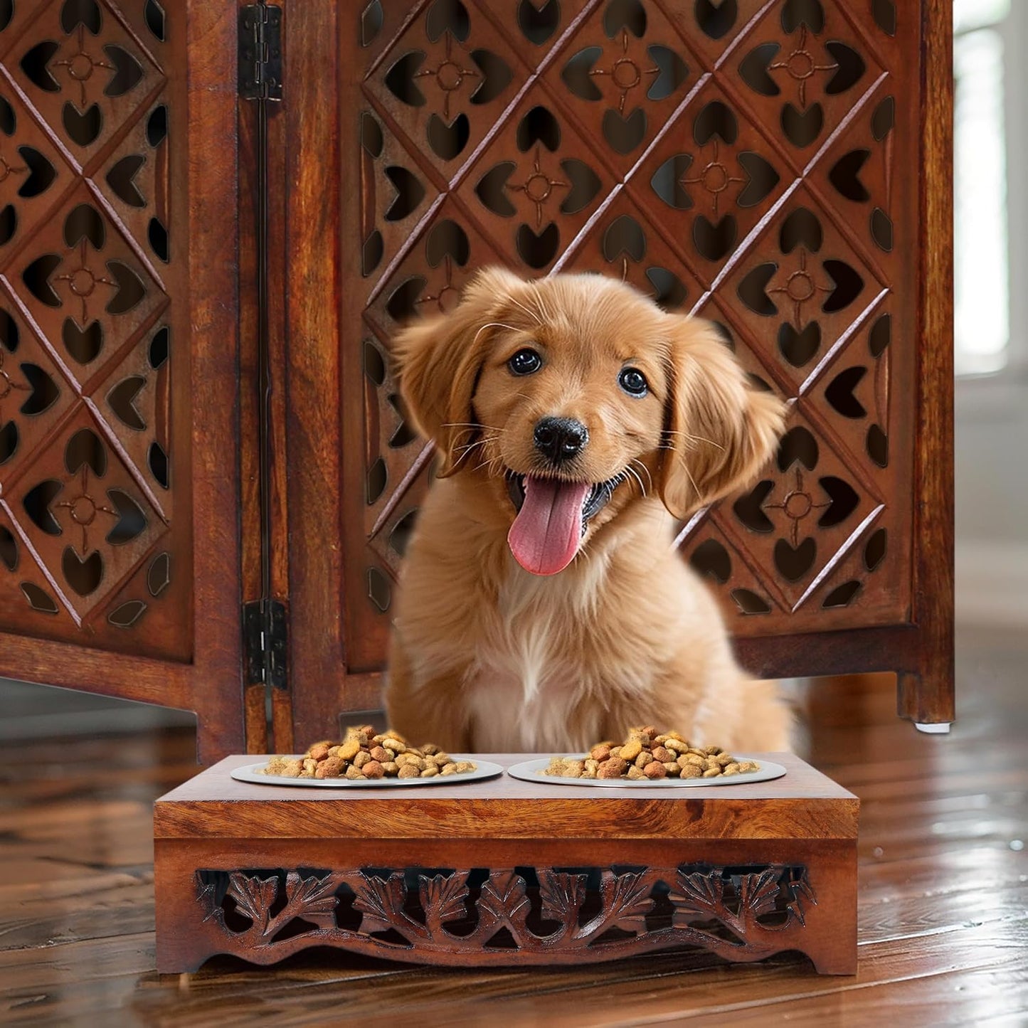 Elevated Pet Feeder for Dogs and Cats - Scroll Carved Wood Raised Dog Bowl Stand - Pet Feeding Stand with Two Steel Bowls - Raised Dog Bowl for Food and Water - Pet Feeding Station -17x11x4- IRONGATE