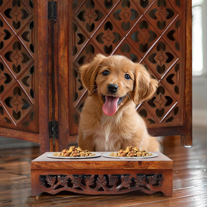 Elevated Pet Feeder for Dogs and Cats - Scroll Carved Wood Raised Dog Bowl Stand - Pet Feeding Stand with Two Steel Bowls - Raised Dog Bowl for Food and Water - Pet Feeding Station -17x11x4- IRONGATE