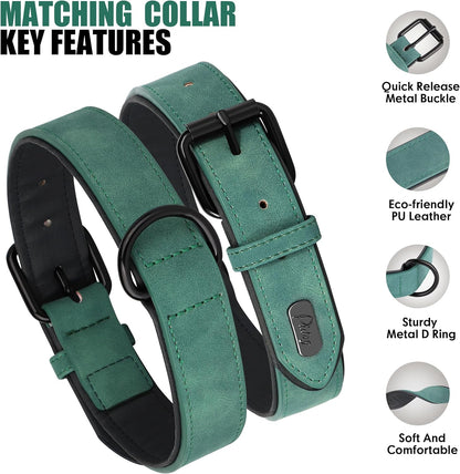 Didog Soft Padded Leather Dog Collar and Leash Set, Adjustable 4FT Faux Leather Dog Leash and Collar Set with Metal Buckle for Small Medium Large Dogs, Green, L